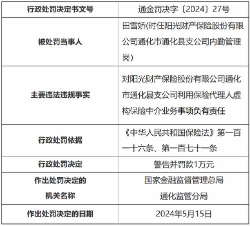 阳光产险通化市通化县支公司被罚7万元 利用保险代理人虚构保险中介业务