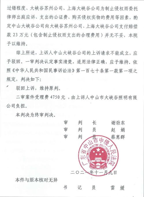 二审终审判决 大峡谷照明系统集团胜诉